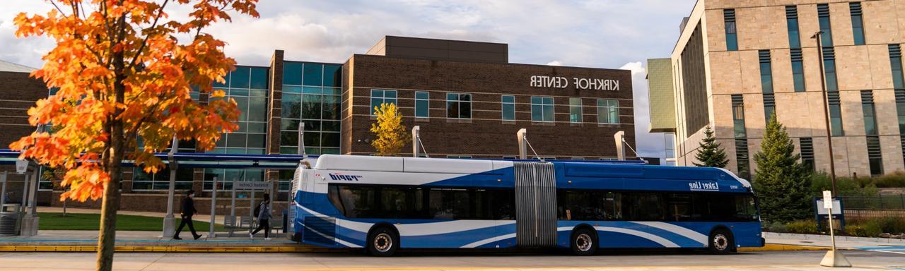 Laker Line bus in front of GVSU Allendale Campus Kirkhof Center in Fall